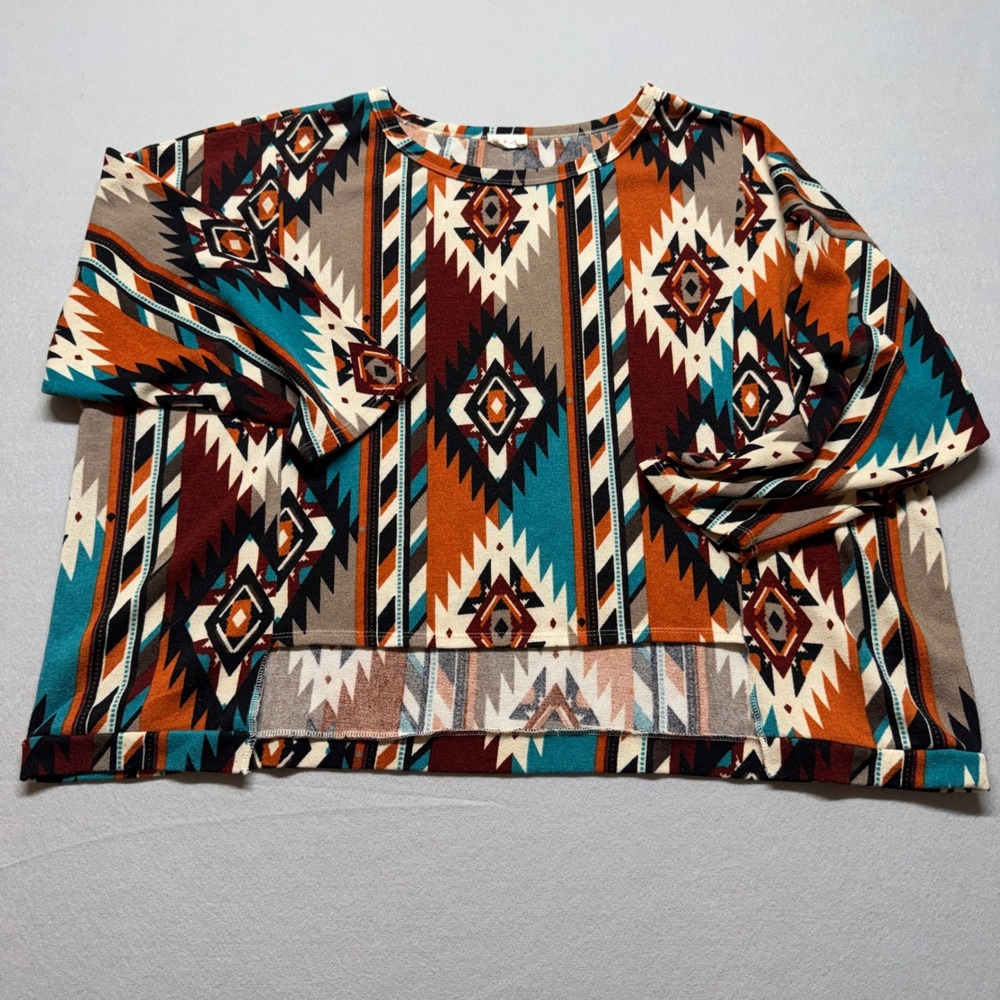 BiBi Southwestern Geometric Print High Low Oversized Knit Top Orange Teal Large